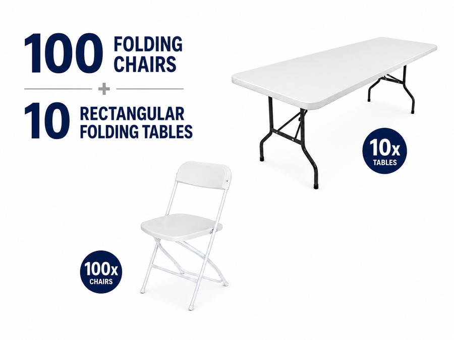 Promotional product graphic showing one white folding chair and one white rectangular folding table on a light gray background, with large text reading '100 FOLDING CHAIRS + 10 RECTANGULAR FOLDING TABLES' and circular callouts indicating '10x TABLES' and '100x CHAIRS'.