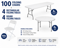 100-Person Event Package – 100 Folding Chairs & 8 Folding Tables – 4 Rectangular + 4 Round