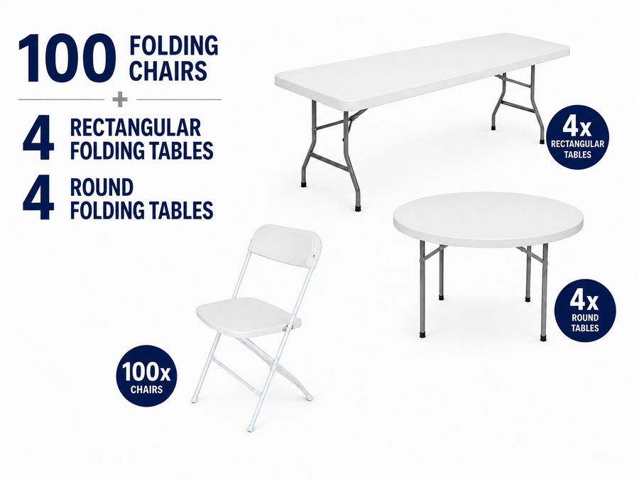 Promotional product graphic showing a bundle of folding furniture: 100 white folding chairs plus 4 rectangular folding tables and 4 round folding tables. The image includes large text counts, circular '4x' table badges, and one isolated folding chair on a white background.