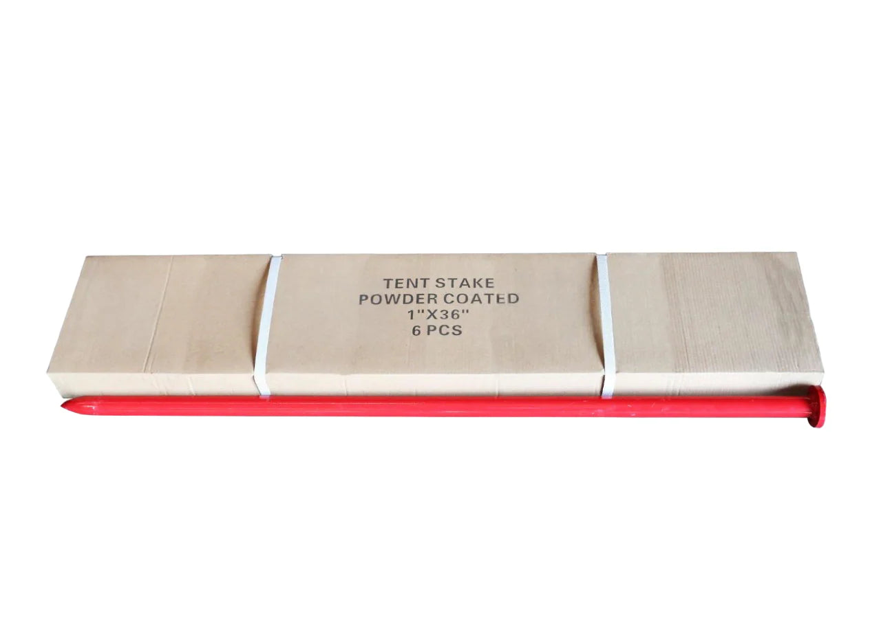 36-inch red heavy duty stake next to packaging on a white background