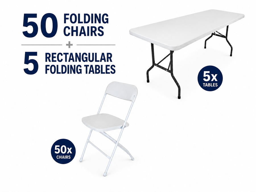 Promotional product graphic showing one white folding chair and one white rectangular folding table on a light gray background, with large text reading '50 FOLDING CHAIRS + 5 RECTANGULAR FOLDING TABLES' and circular callouts indicating '5x TABLES' and '50x CHAIRS'.