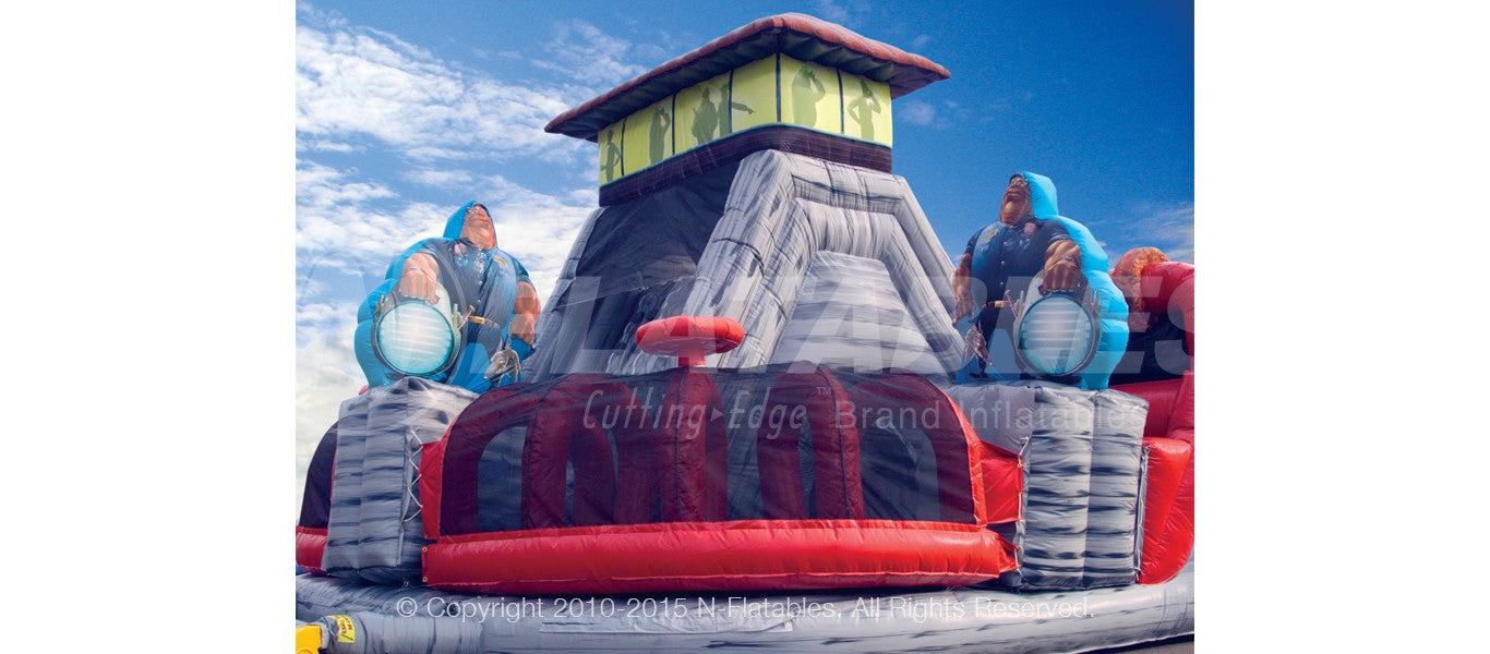 Back of the Alcatraz obstacle course with inflatable tunnel crawl through. 