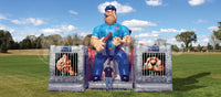Front view of the Alcatraz breakout themed obstacle course with giant cartoon inflatable prison guard. 