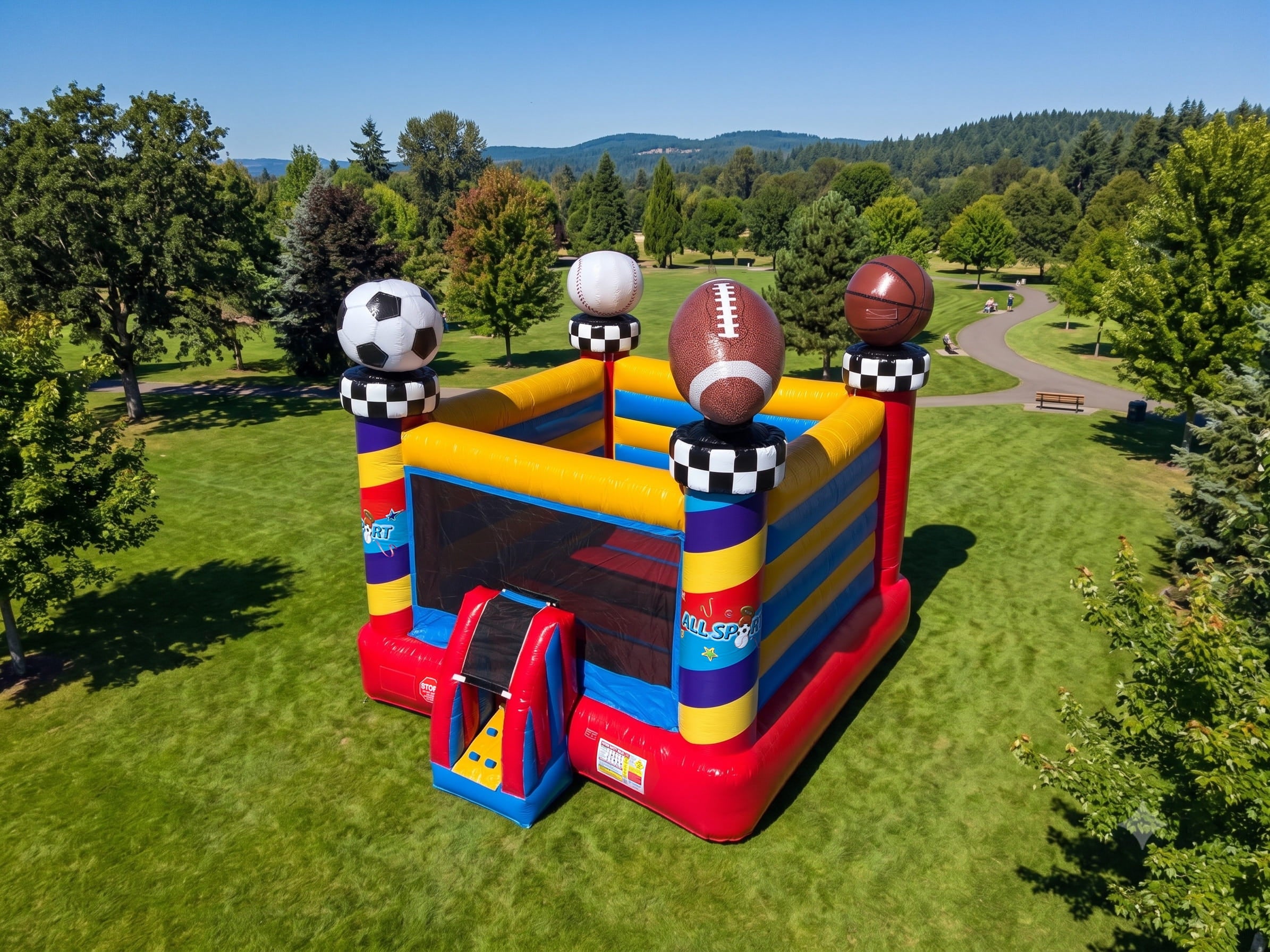 Aerial shot of All Sport Bouncer Inflatable setup outdoors
