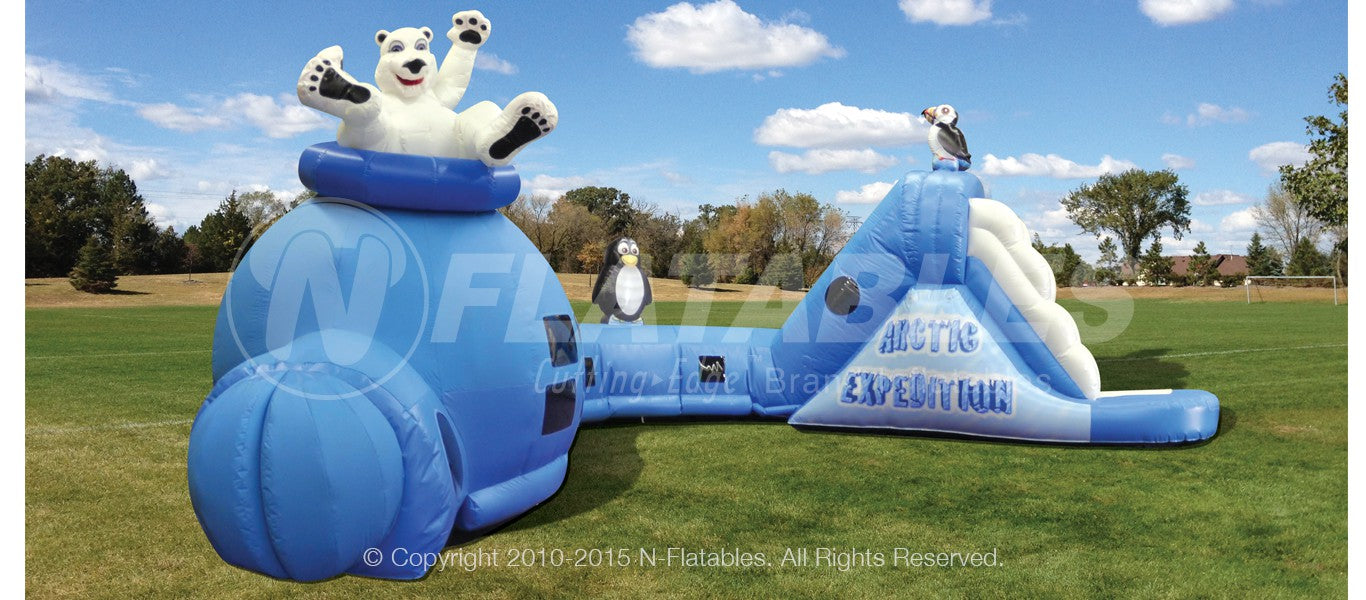 Arctic Expedition inflatable tunnel crawl through for kids with fun frozen themed elements. 