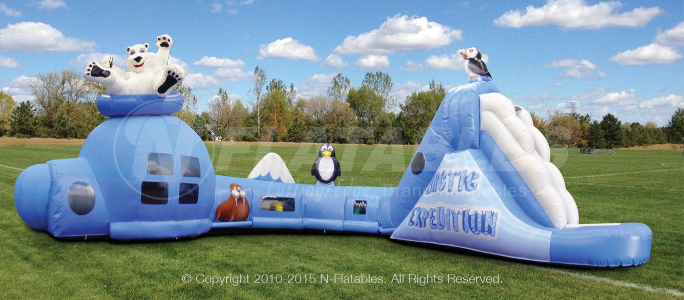 Profile view of the inflatable Arctic Expedition with polar bear, penguin, puffin, and seal characters. 