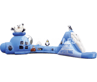 Arctic Expedition crawl through inflatable tunnel with polar bear, seal, penguin, and puffin characters on white background. 