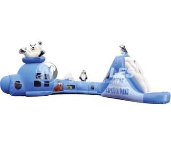 Arctic Expedition crawl through inflatable tunnel with polar bear, seal, penguin, and puffin characters on white background. 