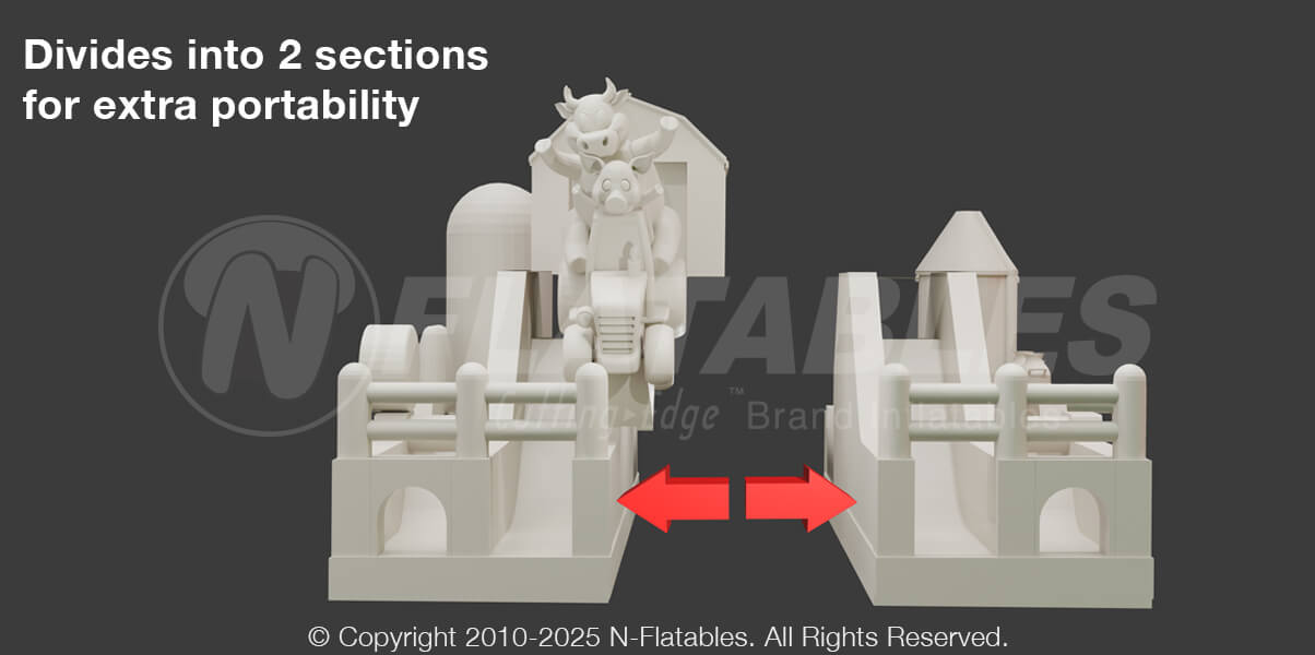 Diagram showing how the two pieces of the Barnyard Breakout dual obstacle course can be divided and put together. 