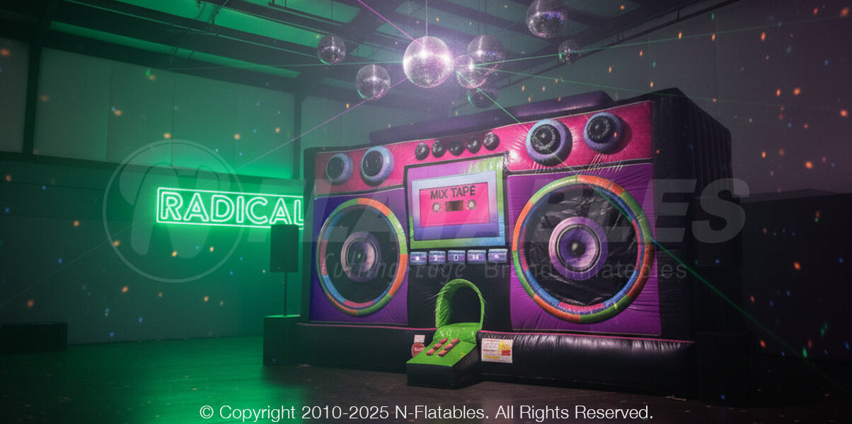 Boom Box Blacklight Bouncer setup in a gym