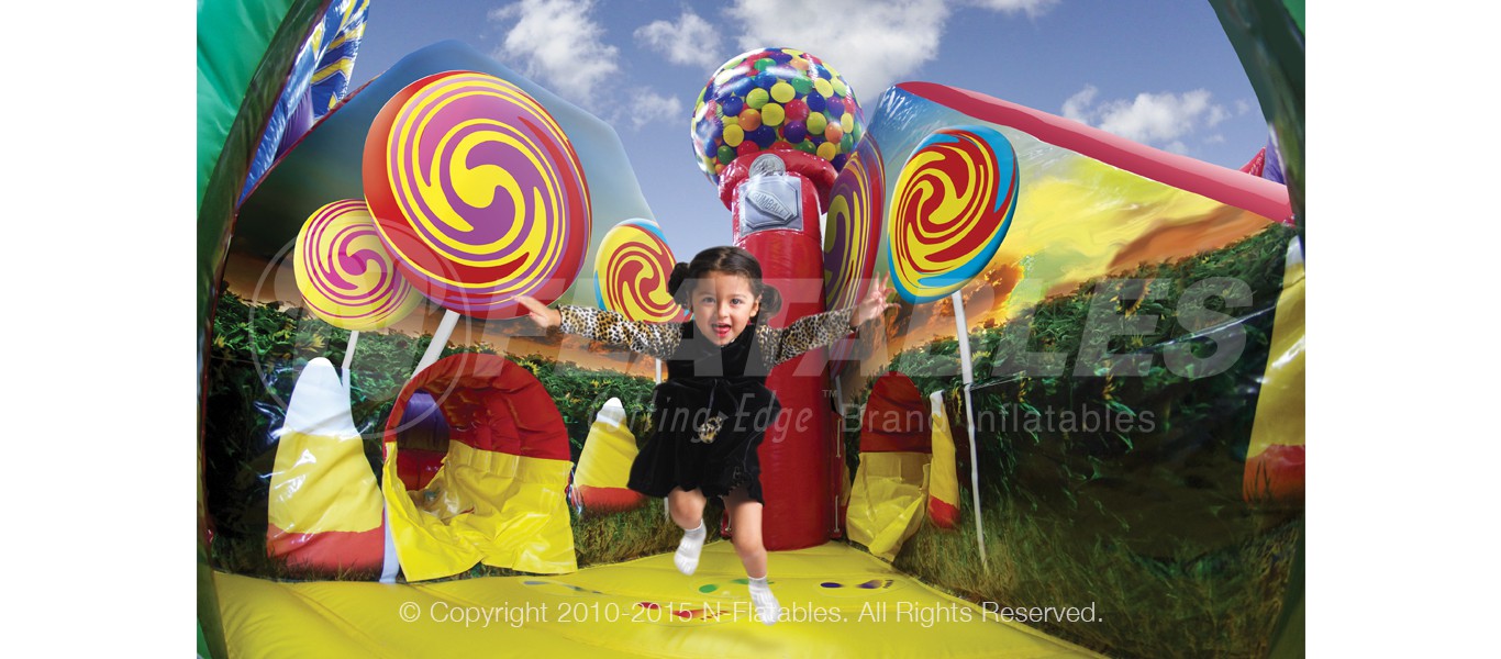 Girl bouncing inside the Candy Fun Center inflatable playground