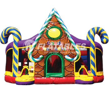Candy Fun Center inflatable playground on white background. 