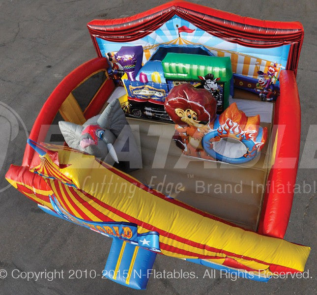 Overhead view of the Circus Playland™ inflatable toddler play area showing an inflatable lion with ring of fire, train slide, and elephant tunnel. 