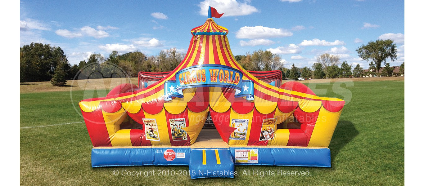 The entrance to the Circus Playland™ inflatable toddler play area that looks like a big top circus tent. 