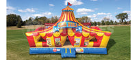 The entrance to the Circus Playland™ inflatable toddler play area that looks like a big top circus tent. 