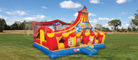 Front and side view of the Circus Playland™ commercial grade inflatable toddler play area that looks like a circus tent. 