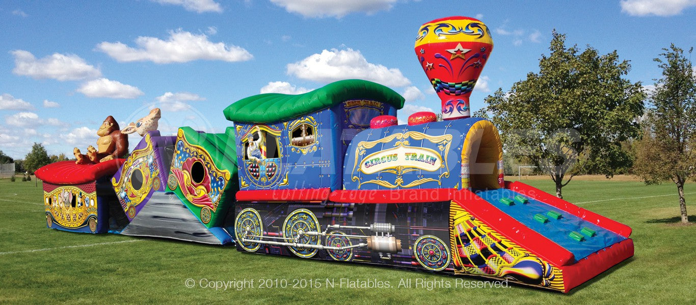Circus Train inflatable tunnel crawl through with colorful carnival animals 
