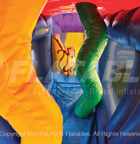 Pop up obstacles in the Circus Train inflatable playground tunnel. 