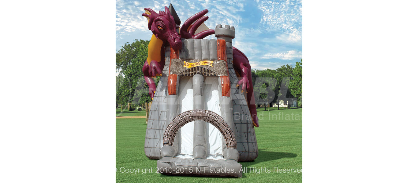 Dragon’s Tower Slide Combo™ commercial grade inflatable bounce house front view of the dual slide