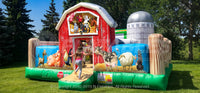 Farm Yard™ Playland featuring a colorful red barn entrance filled with farm animal graphics. 