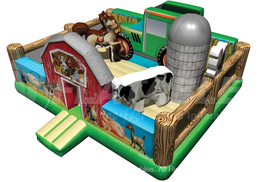 Overhead view of the Farm Yard™ Playland inflatable toddler play area with farm animal pop ups and slide. 