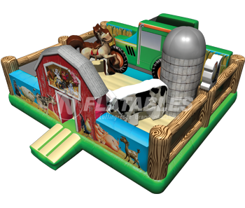 Farm Yard™ Playland inflatable with bounce area, slide, and animal pop ups. 