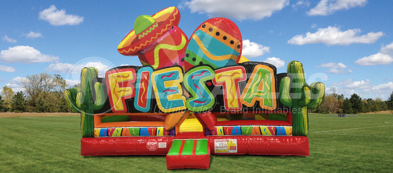 The front view of the Fiesta Playland™ with a colorful entrance showing a large digitally printed sign that says Fiesta, giant maracas, and cacti. 