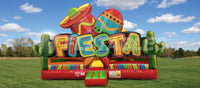 The front view of the Fiesta Playland™ with a colorful entrance showing a large digitally printed sign that says Fiesta, giant maracas, and cacti. 