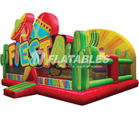 Fiesta Playland™ commercial grade inflatable playground for little kids featuring with an entrance featuring inflatable maracas and cacti. 