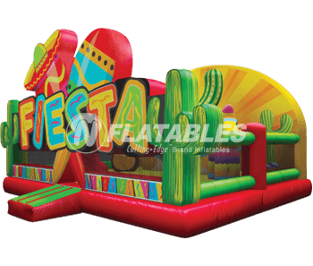 Fiesta Playland™ commercial grade inflatable playground for little kids featuring with an entrance featuring inflatable maracas and cacti. 