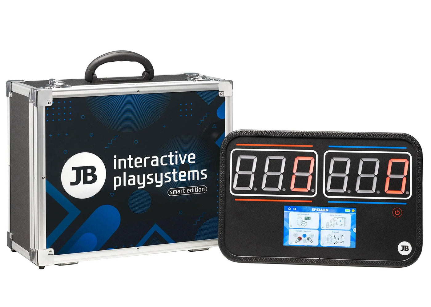 JB Interactive Playsystems electronic device with carrying case on a white background