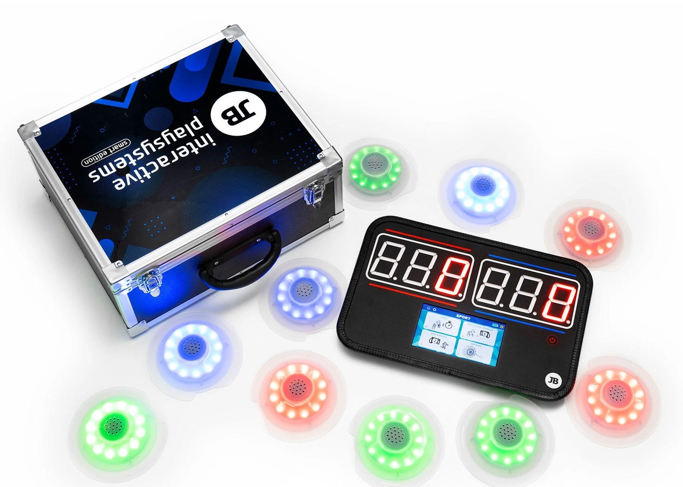 IPS Smart Console showcasing 10 light up spots, scoreboard panel and carrying case