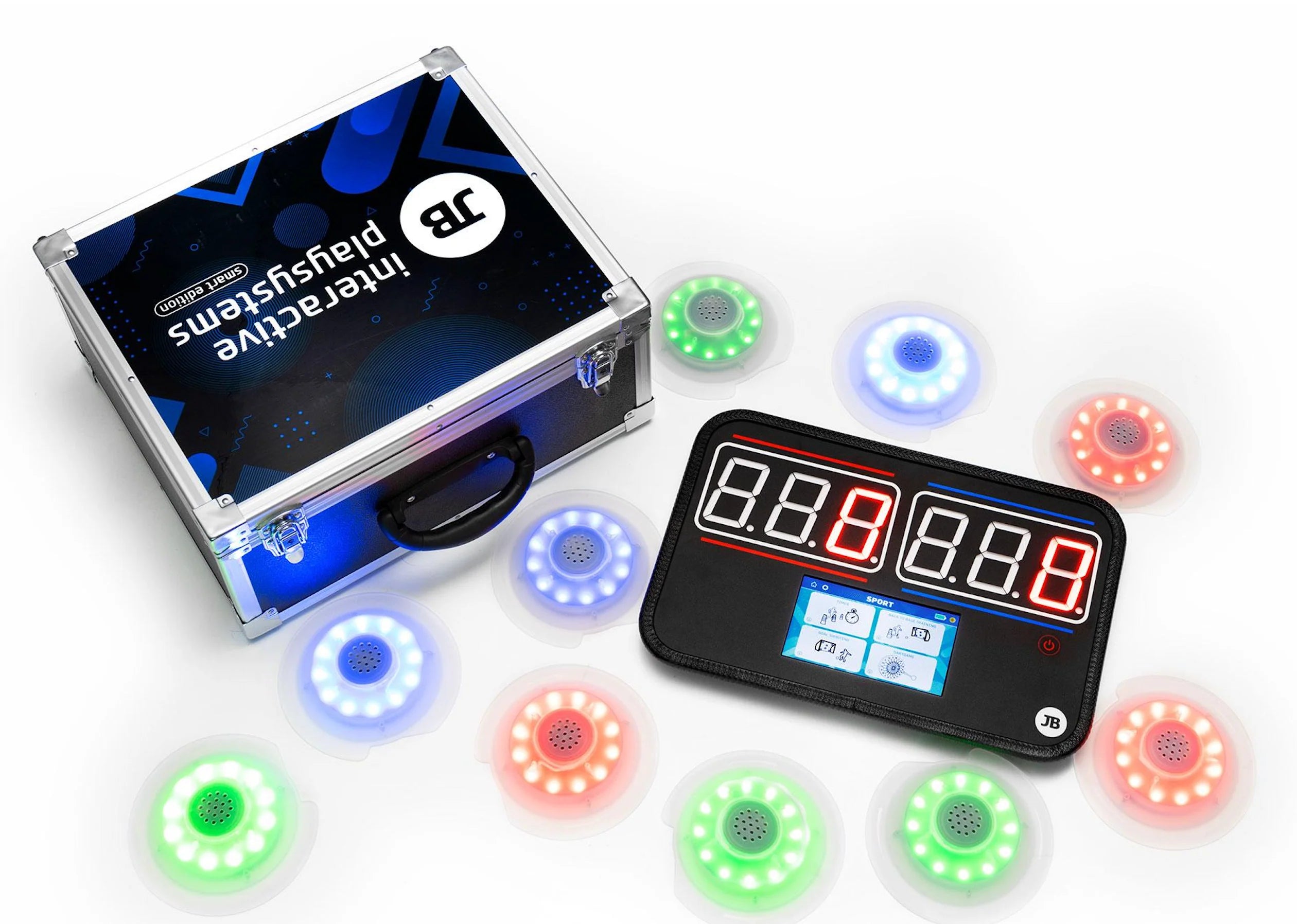 IPS Smart Console showcasing 10 light up spots, scoreboard panel and carrying case