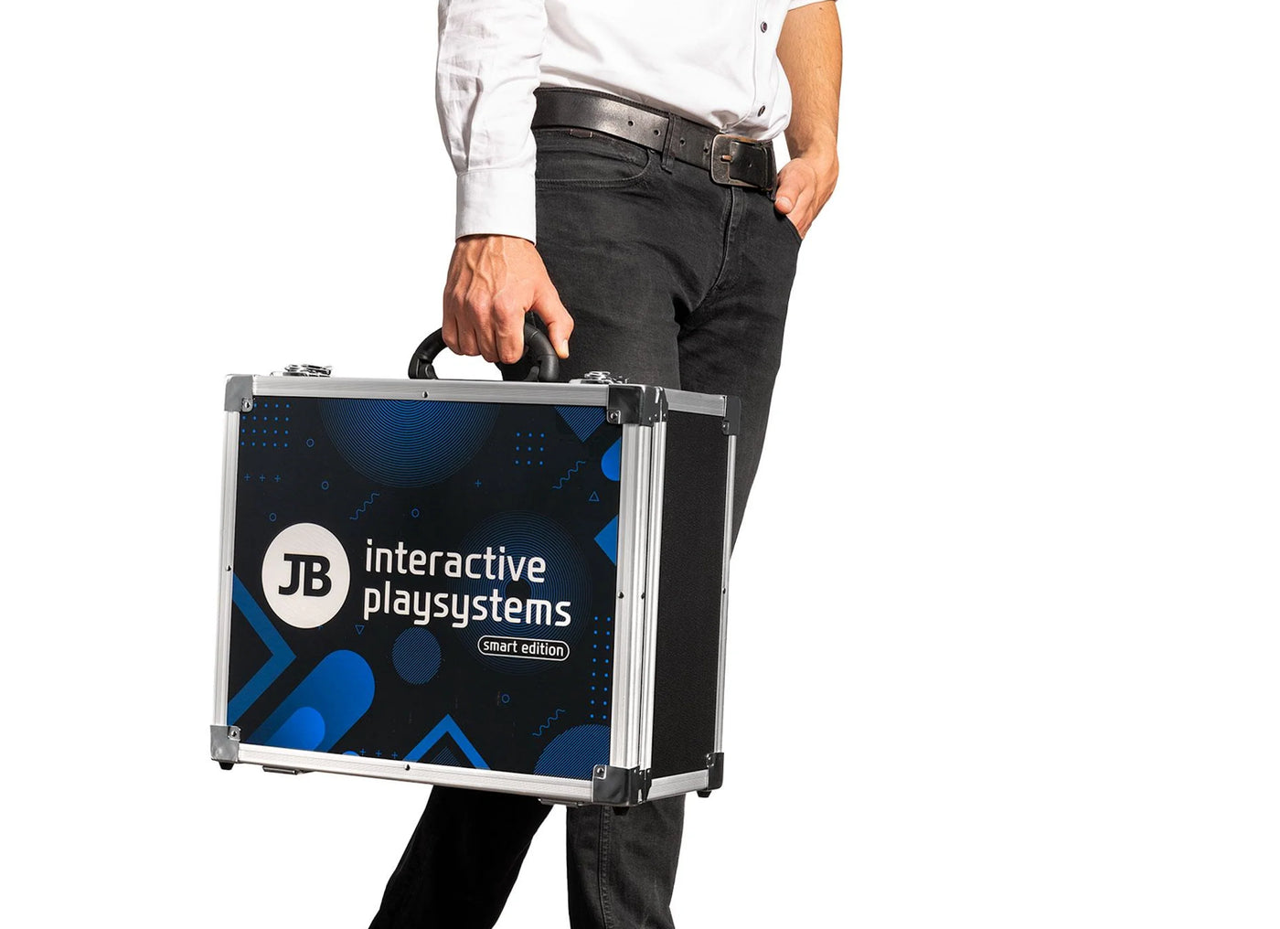 Person holding a JB Interactive Playsystems case on a white background