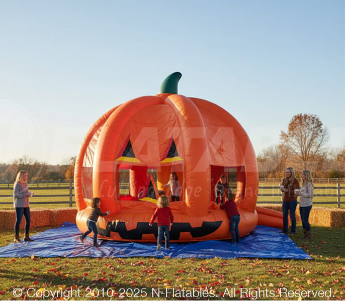 15-foot Jack-O-Lantern commercial inflatable bounce house with children playing
