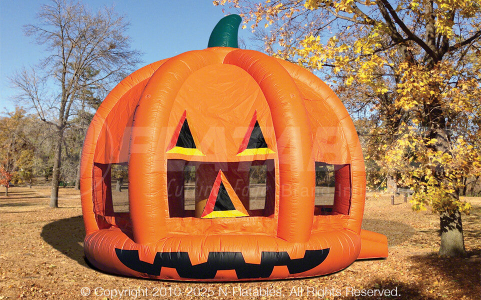 15-foot Jack-O-Lantern commercial inflatable bounce house set up outdoors