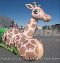 Closeup of the giraffe character on the Jungle Crawl inflatable toddler playland. 