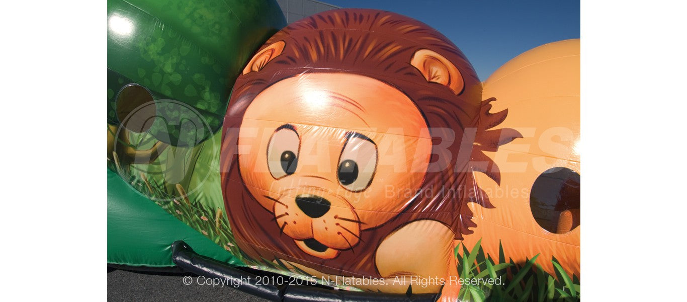 Closeup of the lion character on the Jungle Crawl inflatable crawl-through. 