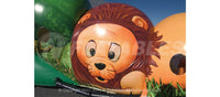 Closeup of the lion character on the Jungle Crawl inflatable crawl-through. 