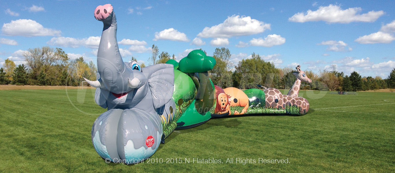 Front view of the Jungle Crawl featuring the elephant entrance to the inflatable tunnel. 