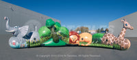 Profile view of the Jungle Crawl inflatable toddler crawl-through with elephant, lion, and giraffe characters. 