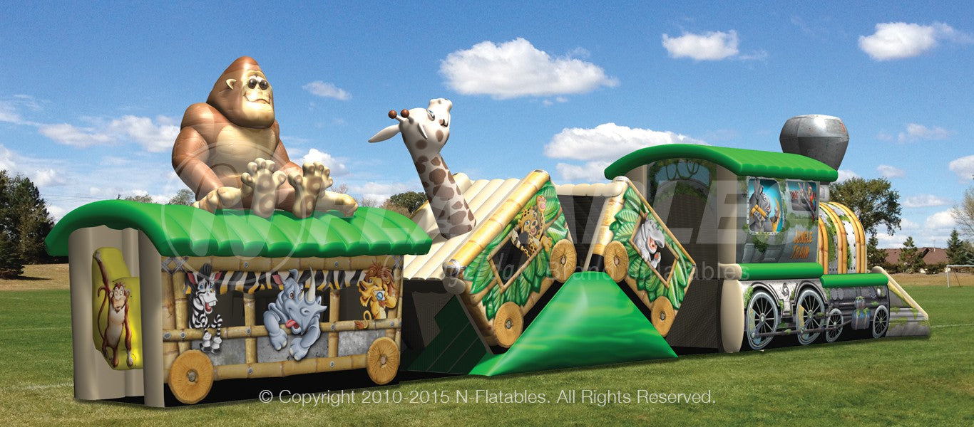Back of the Jungle Train inflatable tunnel crawl through with gorilla and giraffe characters. 