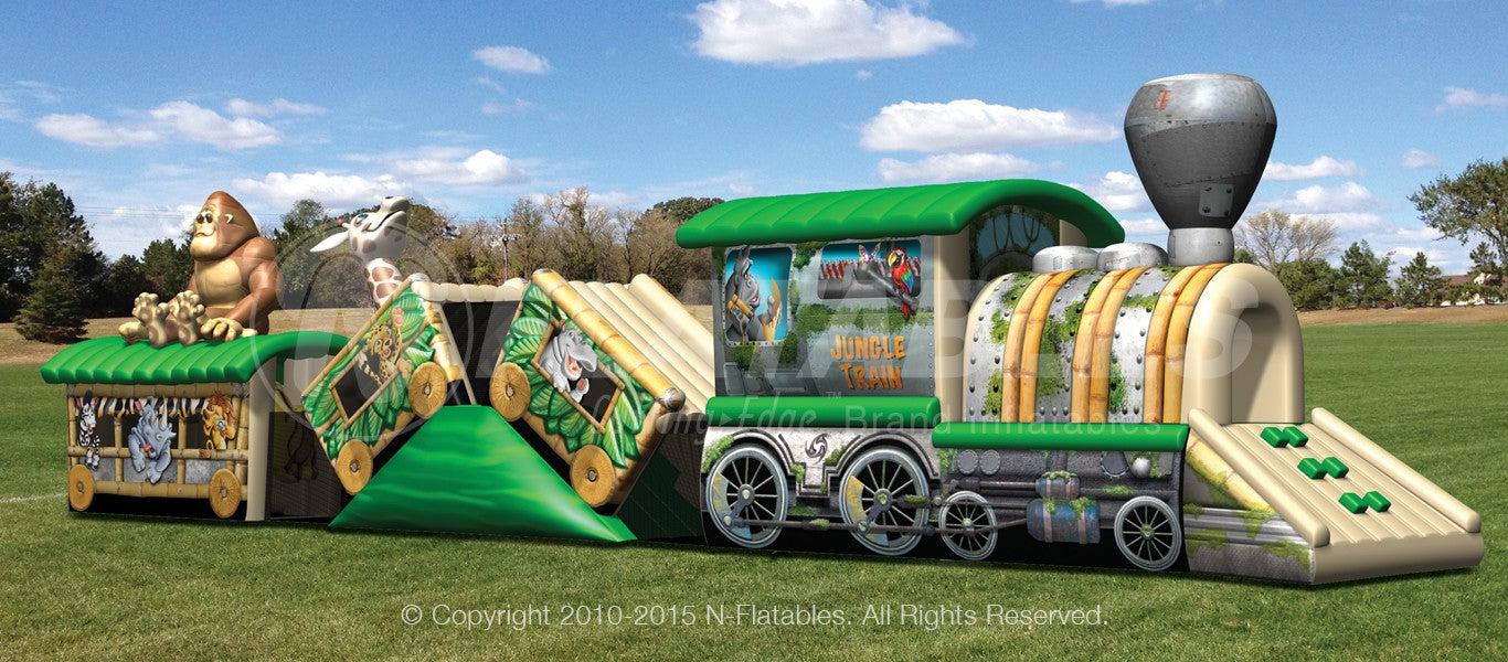 Side view of the Jungle Train with climb and slides inside an inflated tunnel. 