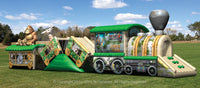 Side view of the Jungle Train with climb and slides inside an inflated tunnel. 
