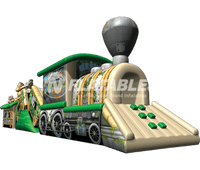 Jungle Train inflatable crawl through tunnel slide on white background. 