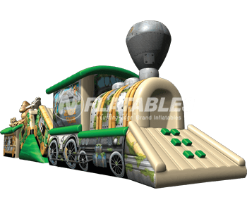 Jungle Train inflatable crawl through tunnel slide on white background. 