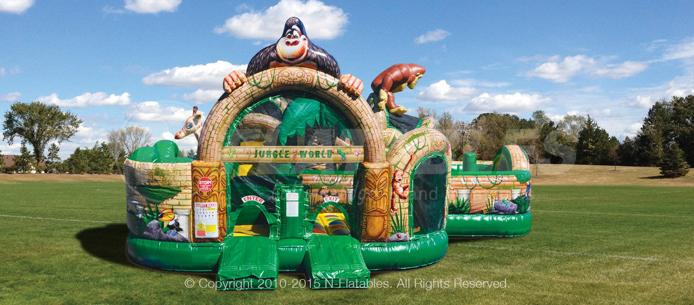 Entrance to the Jungle World inflatable playground featuring  a 3d inflatable gorilla