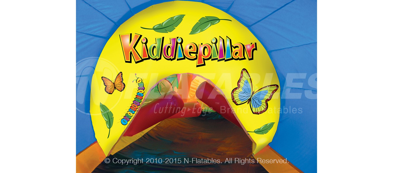 Butterfly panel and tackle dummies inside Kiddiepillar caterpillar themed inflatable tunnel crawl through. 