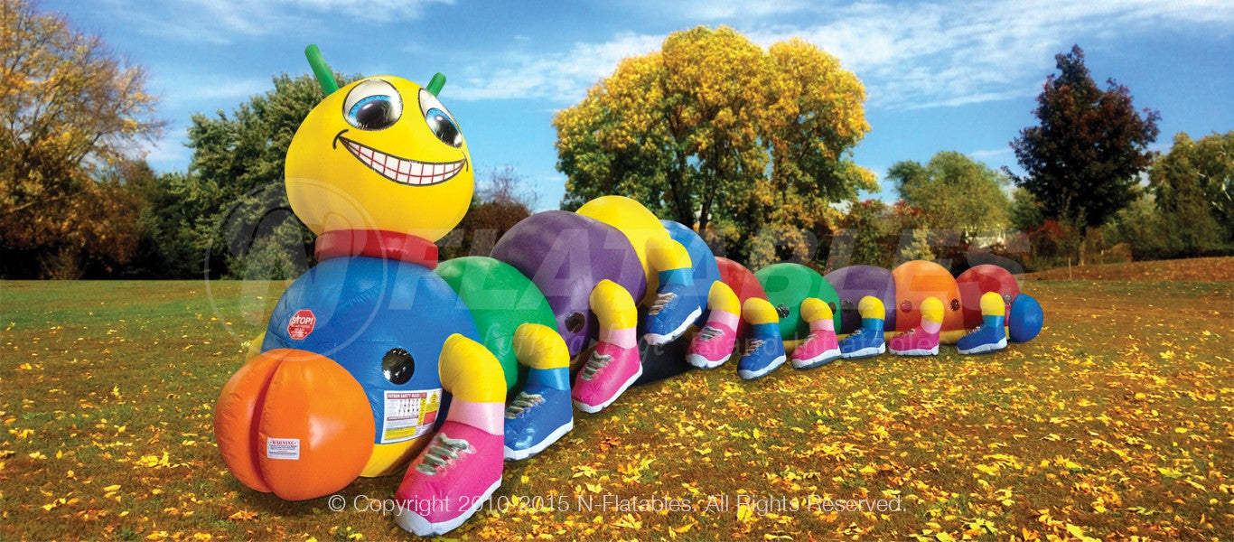 Inflatable crawl through tunnel that looks like an adorable and colorful caterpillar wearing shoes.  