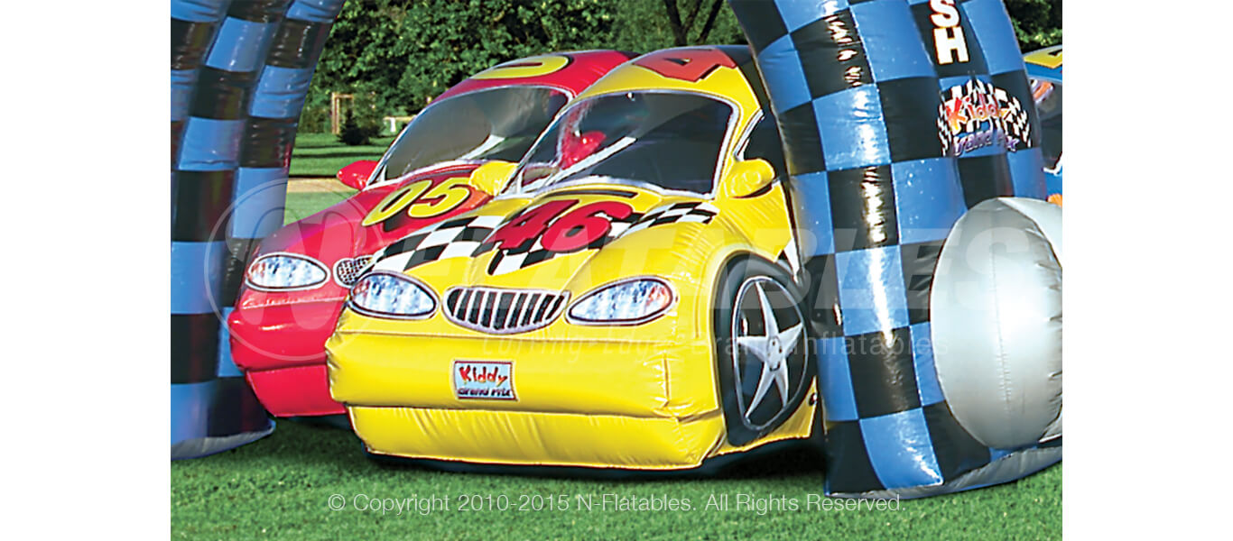 Close up of the race cars in the Kiddy Grand Prix inflatable tunnel. 